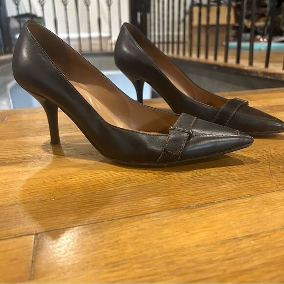 Furla Leather Dark Chocolate Brown Pointed Toe Loafer Kitten Heels, size 37 - Picture 8 of 11